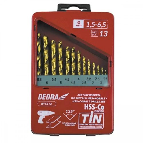 DEDRA 13 db-os fúrószár készlet fémhez HSS+kobalt+TiN, 135°