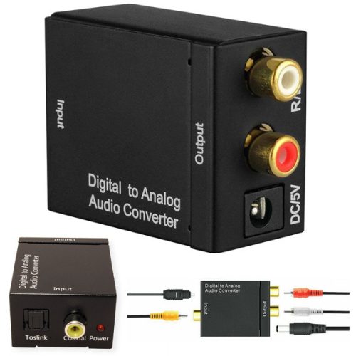 Digitalis RCA/Toslink - 2X RCA+3.5mm Jack, Analog audio átalakitó/adapter/konverter, anya-anya, feke
