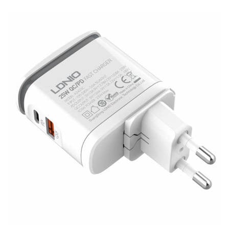 Wall charger with light function LDNIO A2423C, USB + USB-C, PD + QC 3.0, 25W (white)