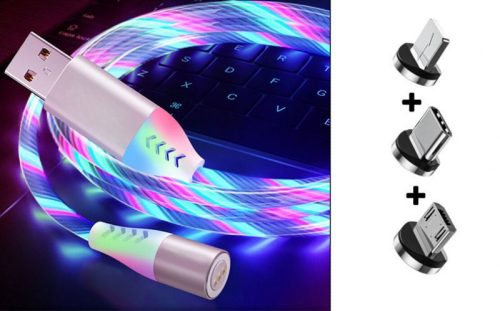 LedGIO 3 az 1 -ben Világító (mozgó fényes) Kábel - Mágneses fejekkel, Gyors töltés, Micro USB C, Lig